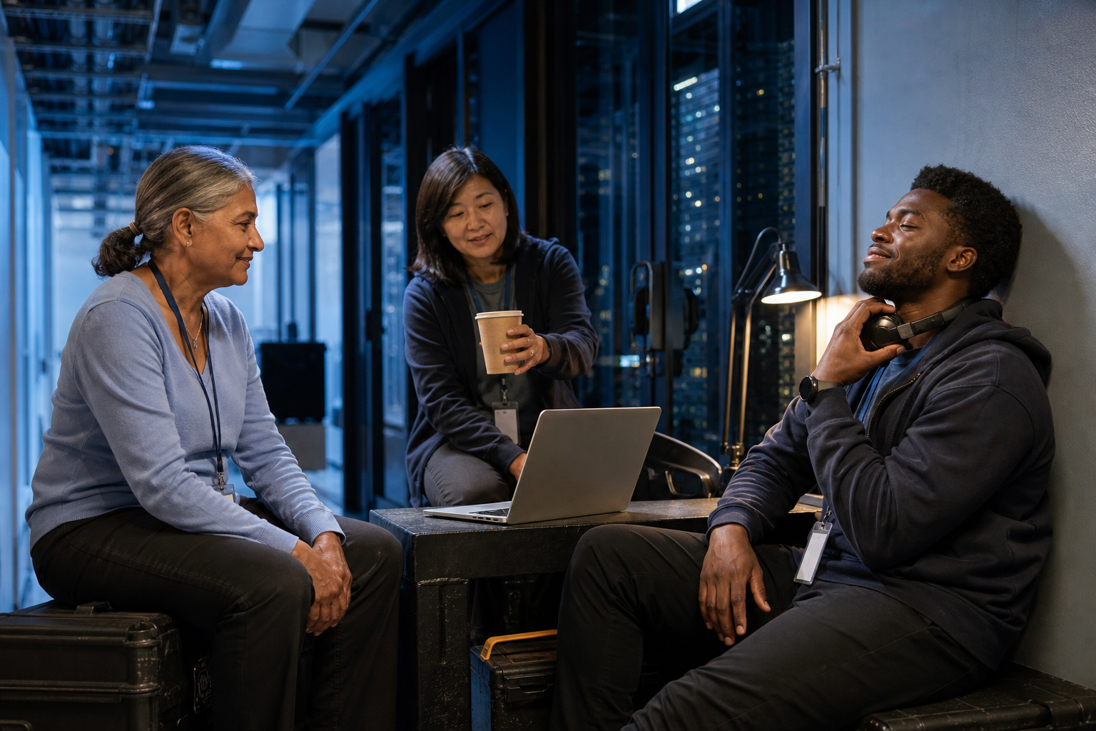 A diverse technology team shares a calm moment of relief after restoring a critical service