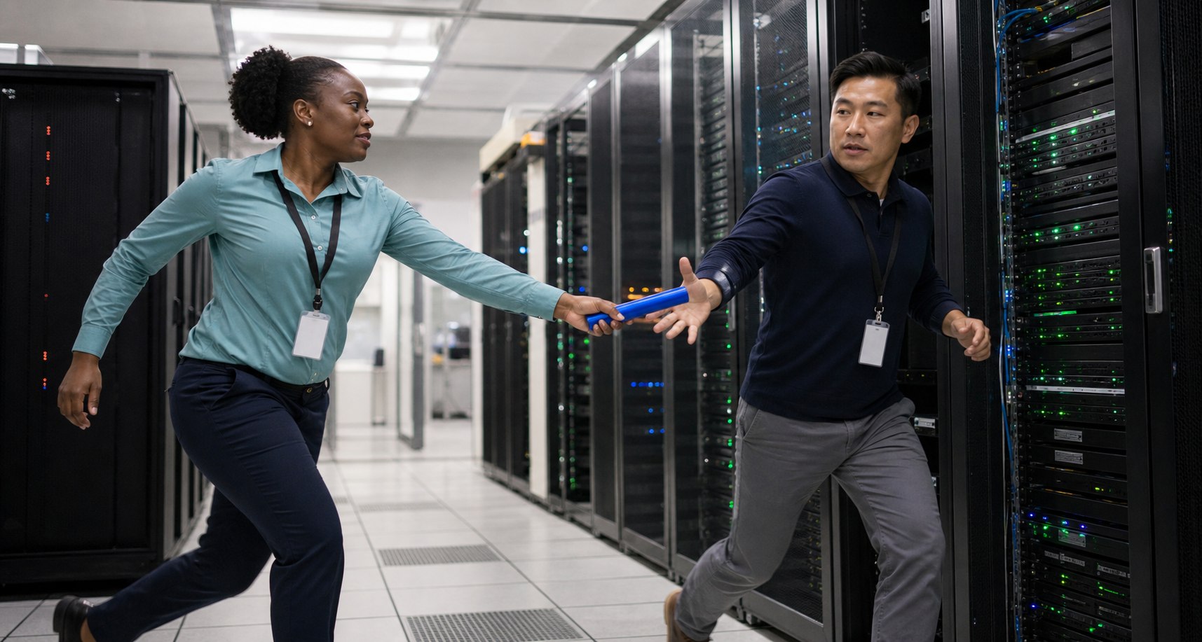 Two technology professionals pass a relay baton between server racks